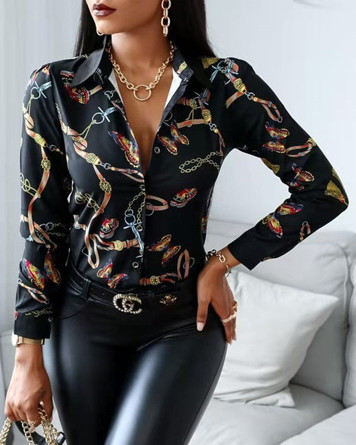 Elegant Blouse with Artistic Print and Decorative Accents