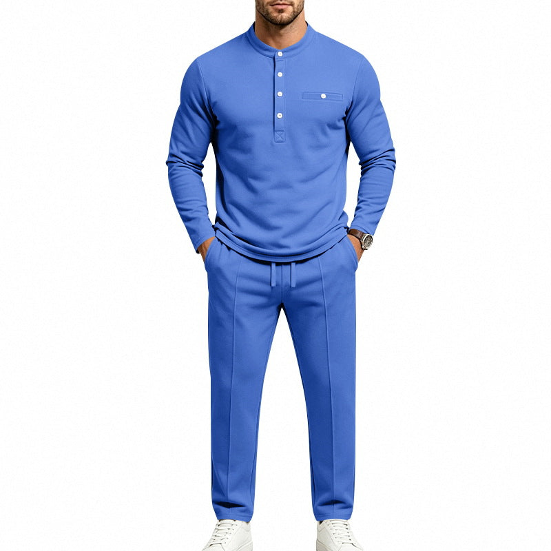Men's Two-Piece Leisure Set with Henley Long Sleeve Shirt and Jogging Pants