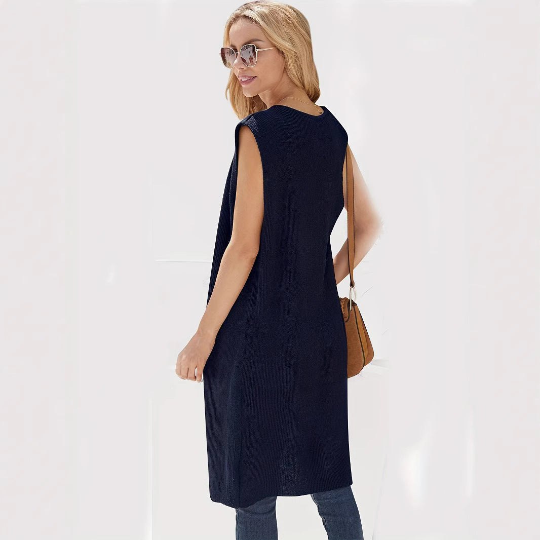 Women's Longitudinal Knit Coat with Side Slits