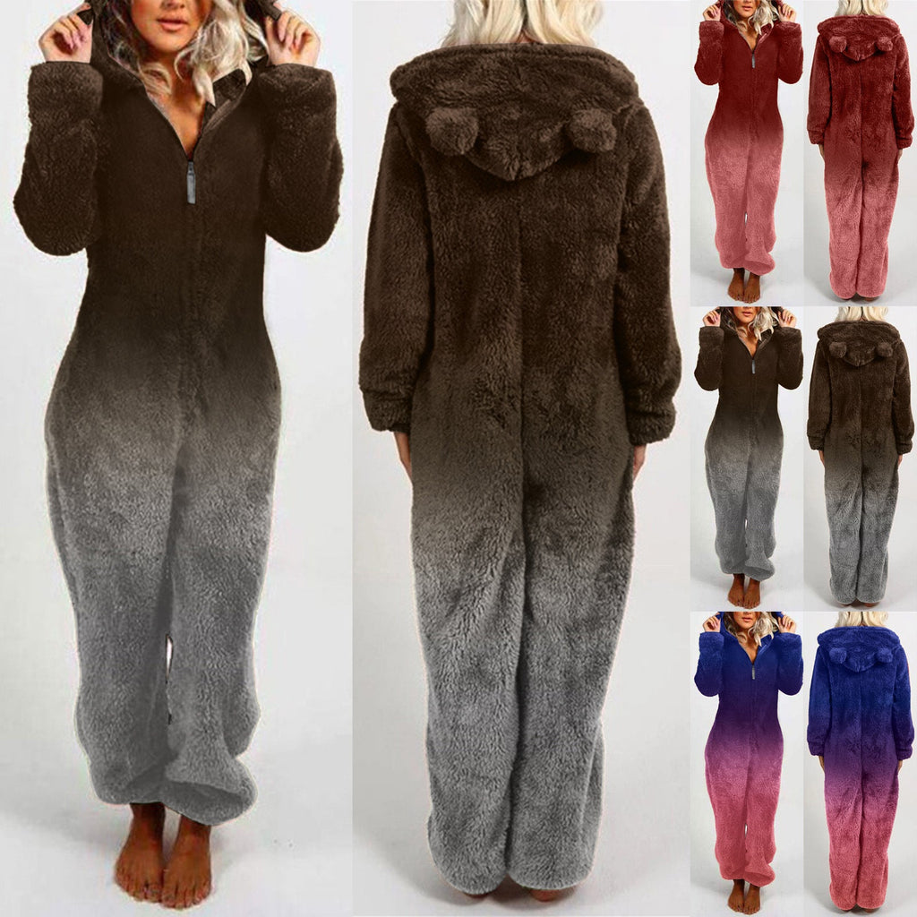 Women's Hooded Fleece Jumpsuit with Gradient Design