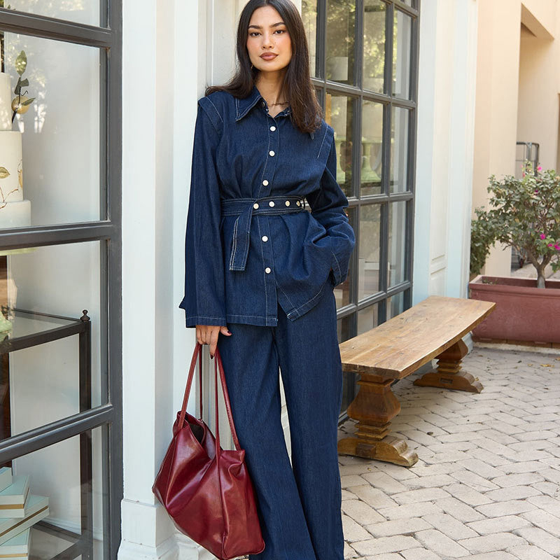Women's Denim Jumpsuit with Elegant Belt and Wide Leg