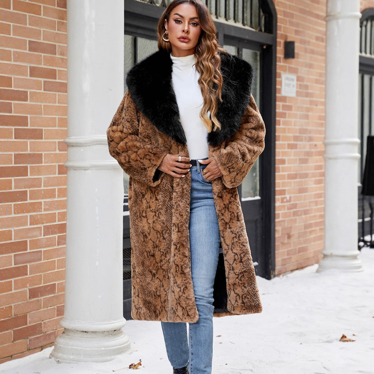 Elegant Faux Fur Coat with Wide Collar