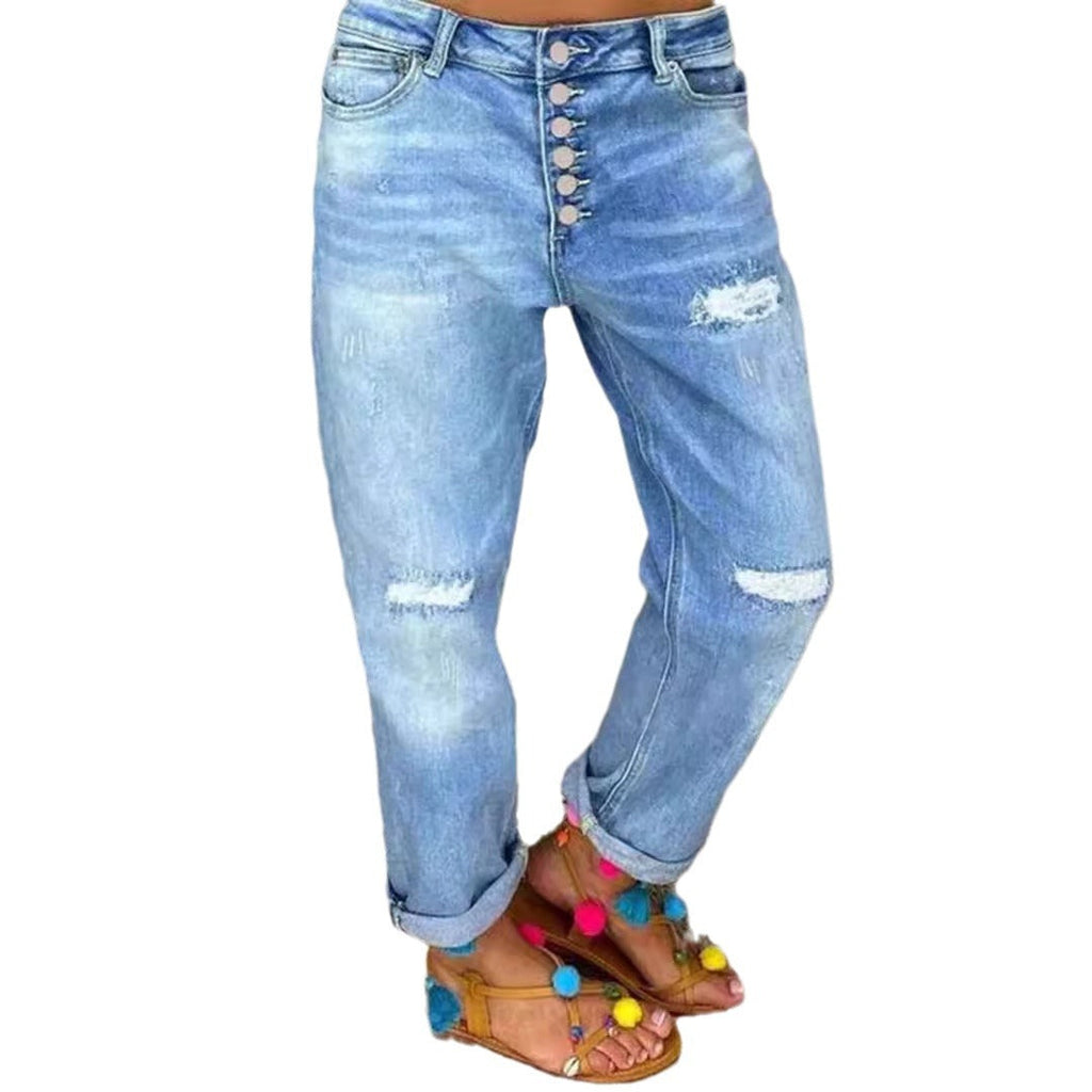 Women's Boyfriend Jeans with Button Fly and Distressed Details