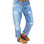 Women's Boyfriend Jeans with Button Fly and Distressed Details