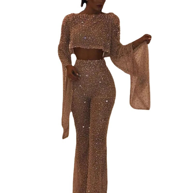 Glitter Two-Piece Set with Wide Leg and Long Sleeves
