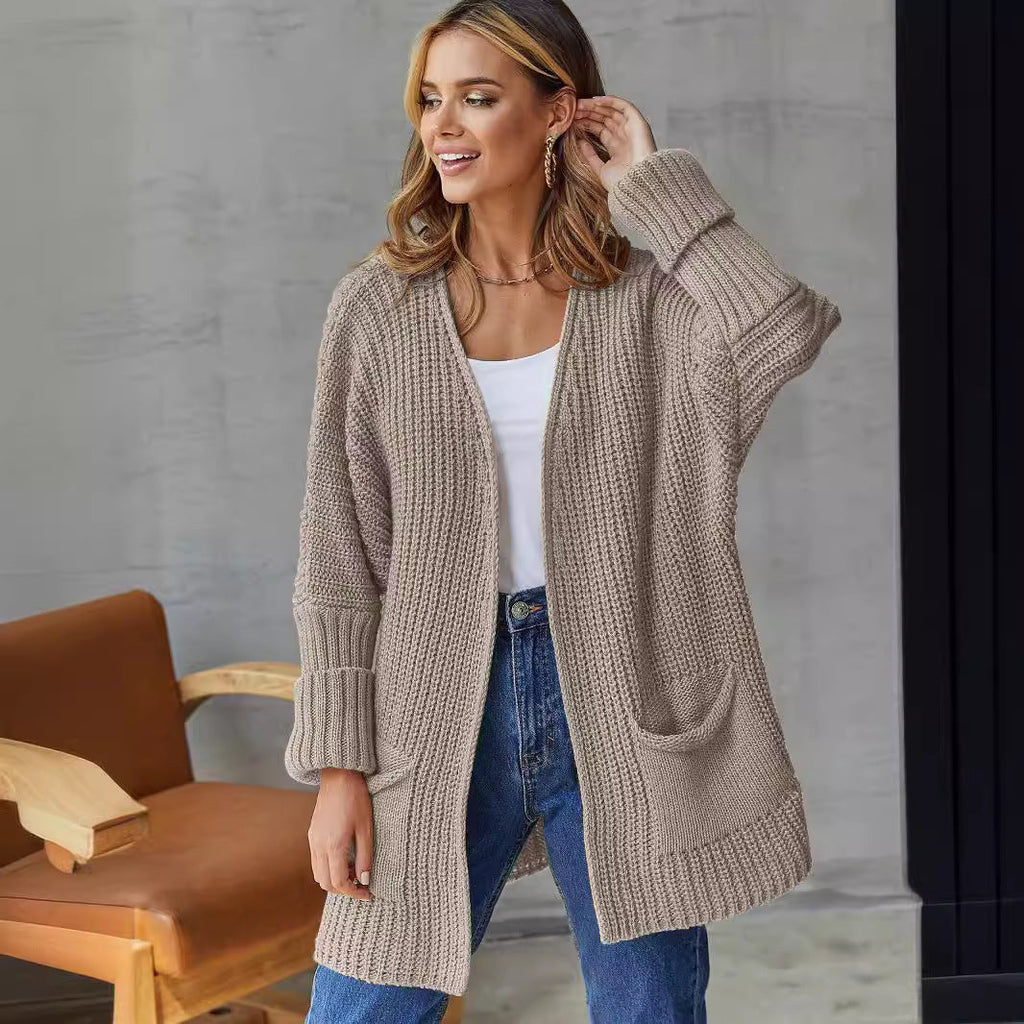Women's Knit Cardigan with Large Pockets and Textured Design