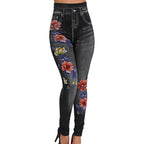 Women's High-Waisted Jeans-Look Leggings with Floral Motif