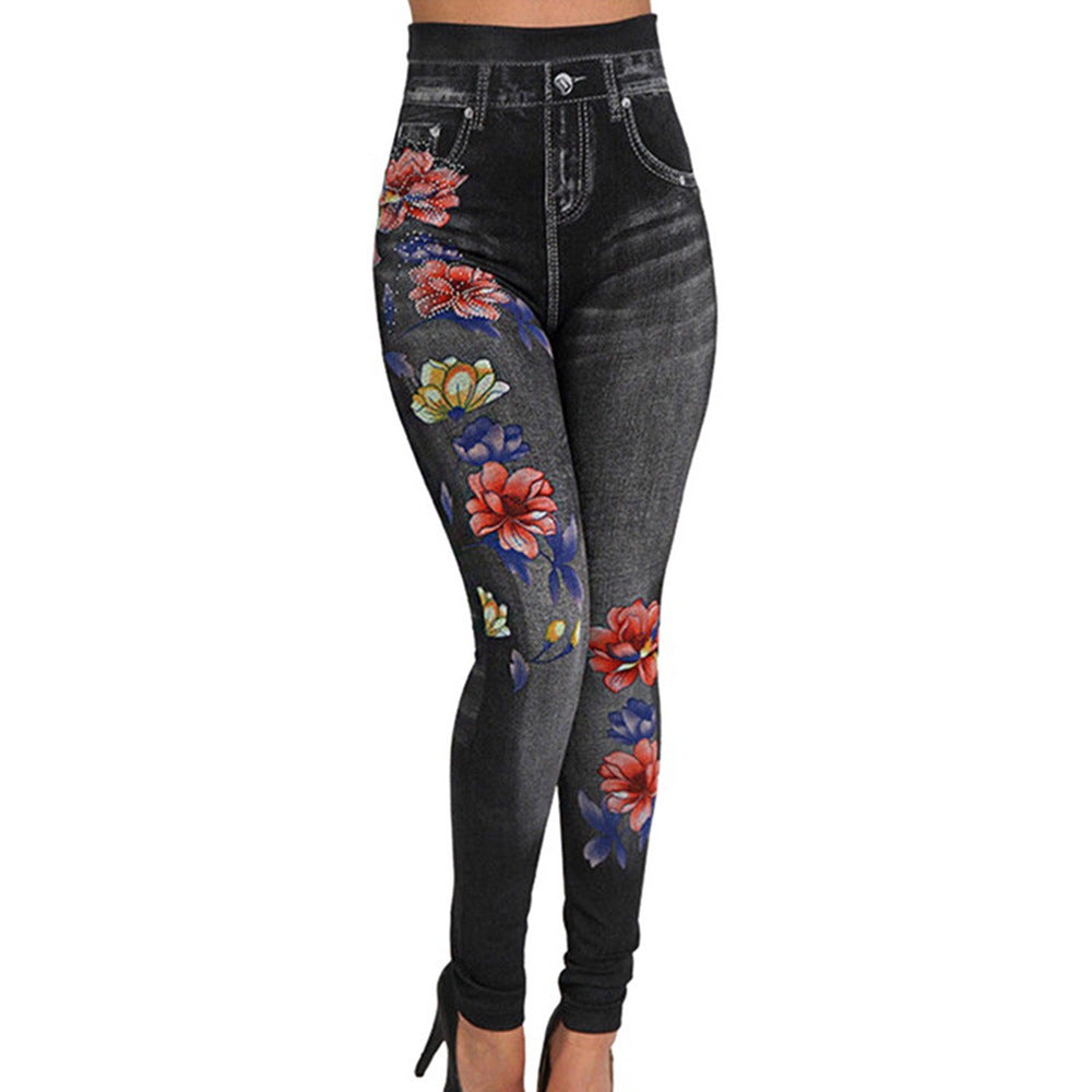Women's High-Waisted Jeans-Look Leggings with Floral Motif