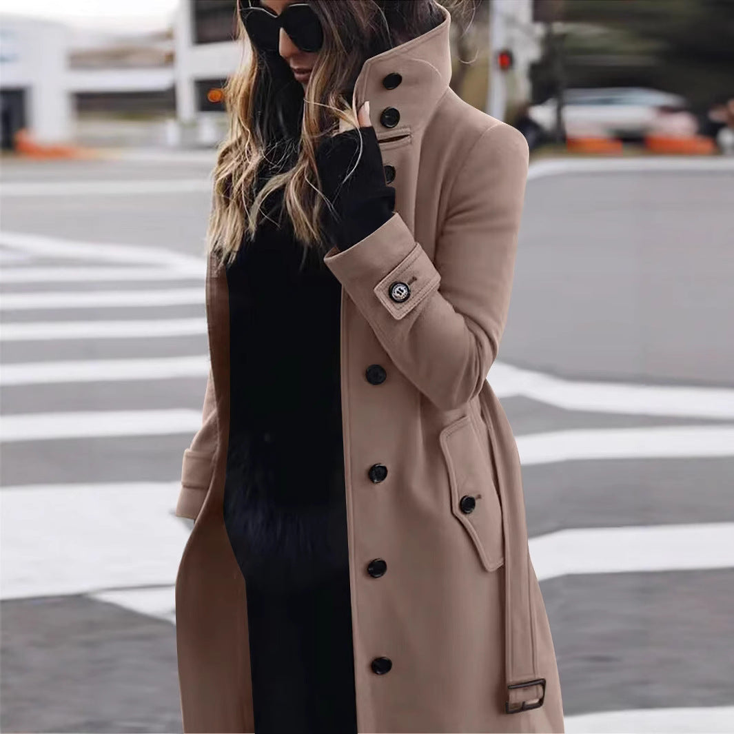 Women's Fashionable Trench Coat with High Collar and Elegant Buttons