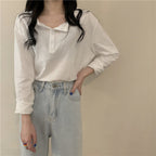 Women's Long-Sleeve Henley Shirt with Modern Collar and Button Placket