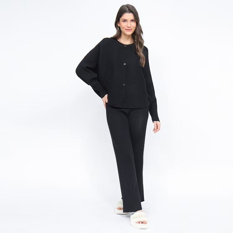 Women's High-Quality Knit Lounge Set with Wide Cut and Button Details