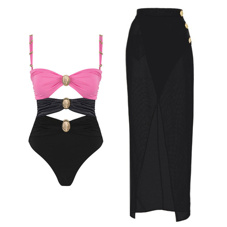 Women's Swimsuit with Draping and Gold Accents