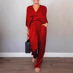 Women's Elegant Wrap Top with Wide Cut and Matching Palazzo Pants