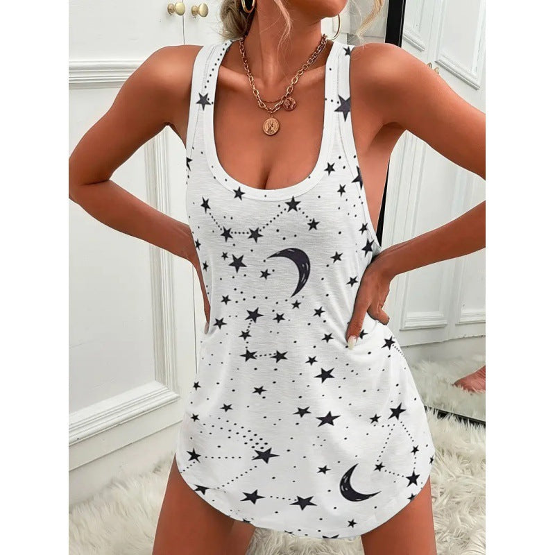 Airy Tank Top with Star and Moon Motif