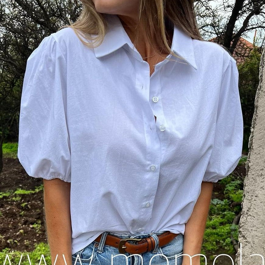 Women's Blouse with Puff Sleeves and Classic Collar