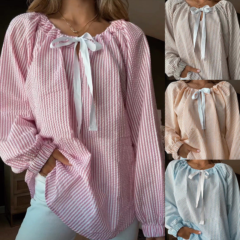 Blouse with Elastic Puff Sleeves and Decorative Tie