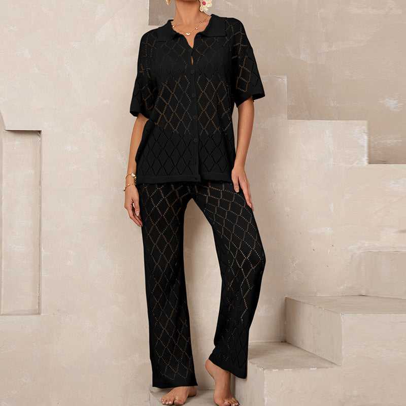 Elegant Knit Suit with Diamond Pattern