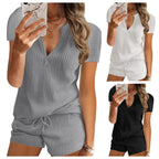 Women's Comfortable Lounge Set with V-Neck and Elastic Waistband