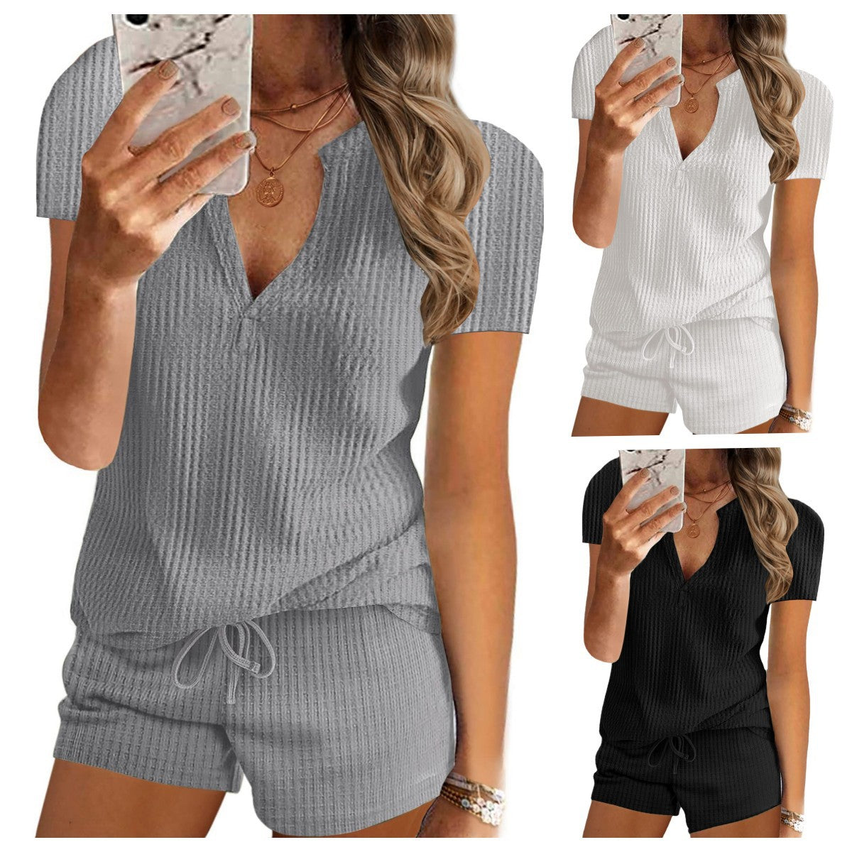 Women's Comfortable Lounge Set with V-Neck and Elastic Waistband