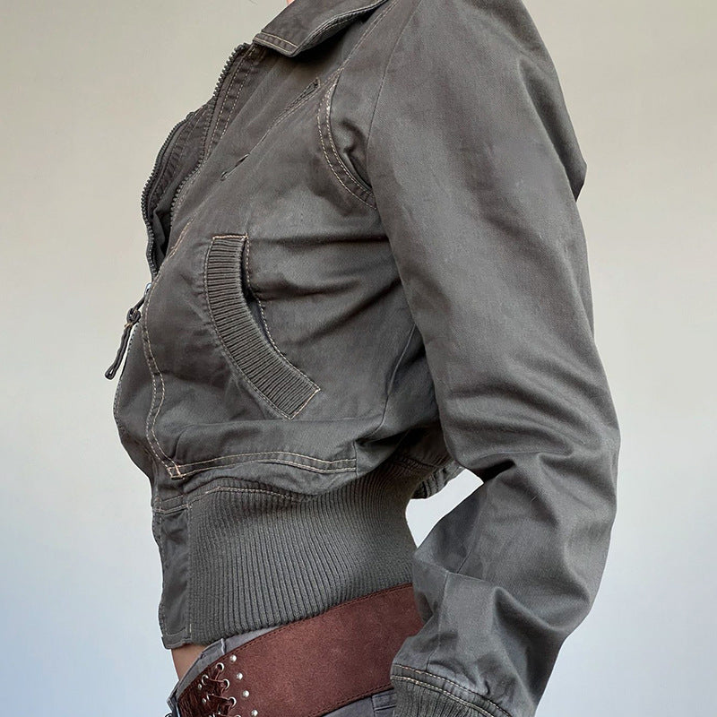 Women's Cropped Jacket with Zipper and Pockets