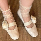 Women's Ballet Flats with Floral Decor and Elastic Strap