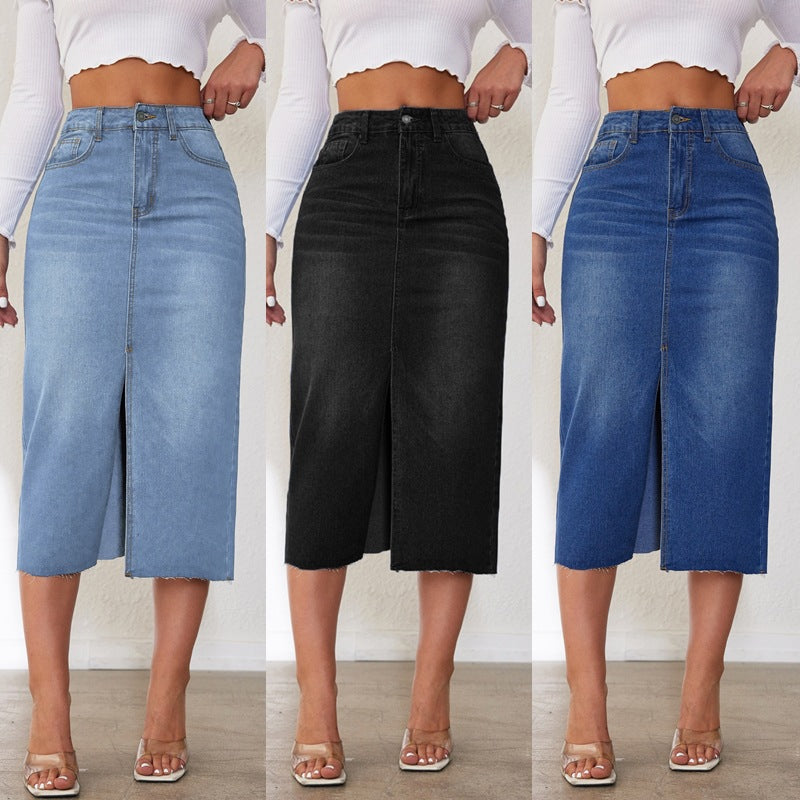 Women's Midi Denim Skirt with Slit and Casual A-Line Cut