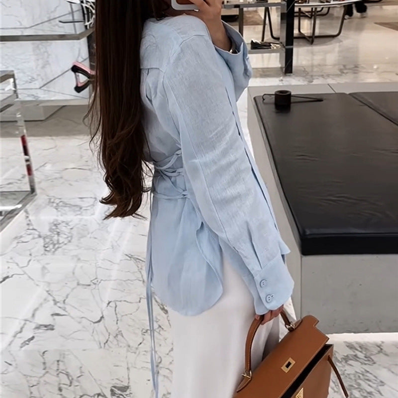 Casual Shirt Blouse Set with Tie Straps
