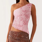 Women's Asymmetrical Top with Floral Rhinestone Design