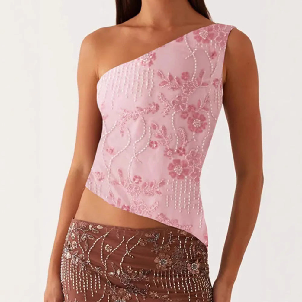 Women's Asymmetrical Top with Floral Rhinestone Design