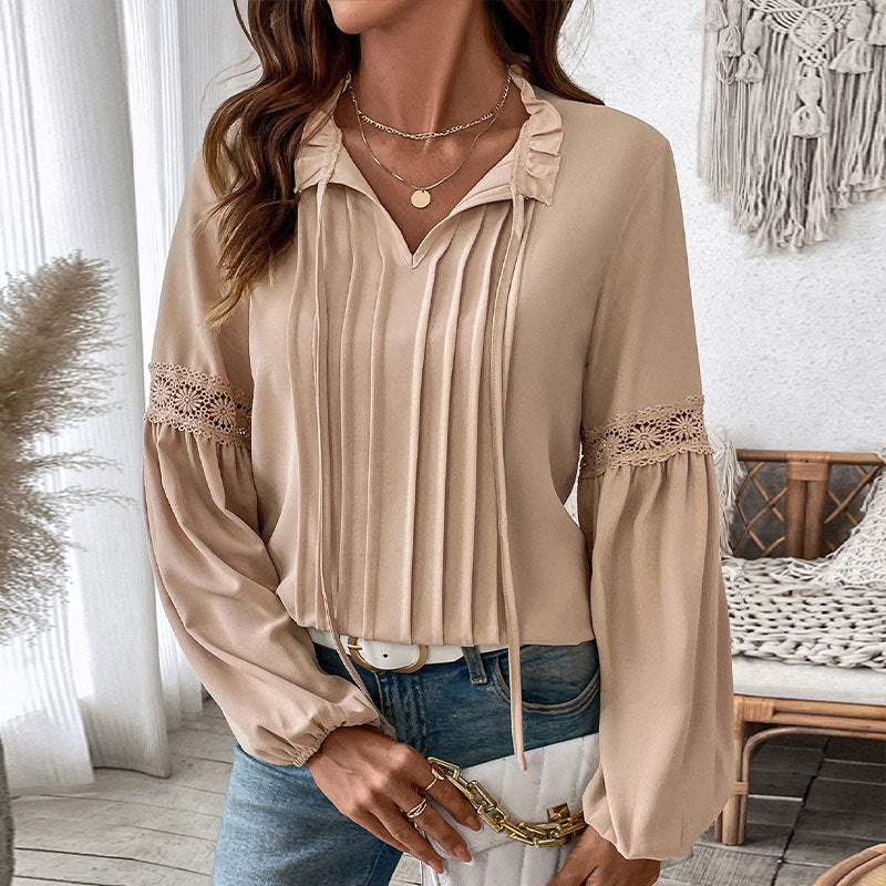 Women's Blouse with Fine Pleats and Elegant Lace Details