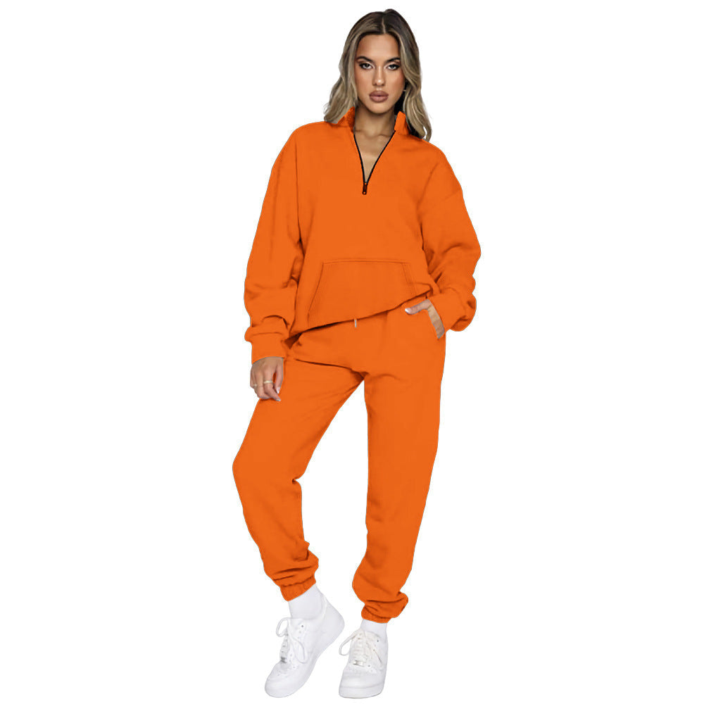 Women's Comfortable Leisure Outfit with High Collar and Kangaroo Pocket