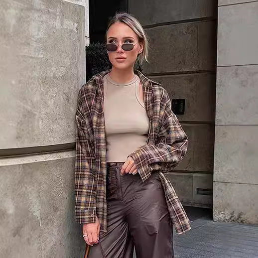 Women's Plaid Overshirt in Casual Cut with Oversized Sleeves