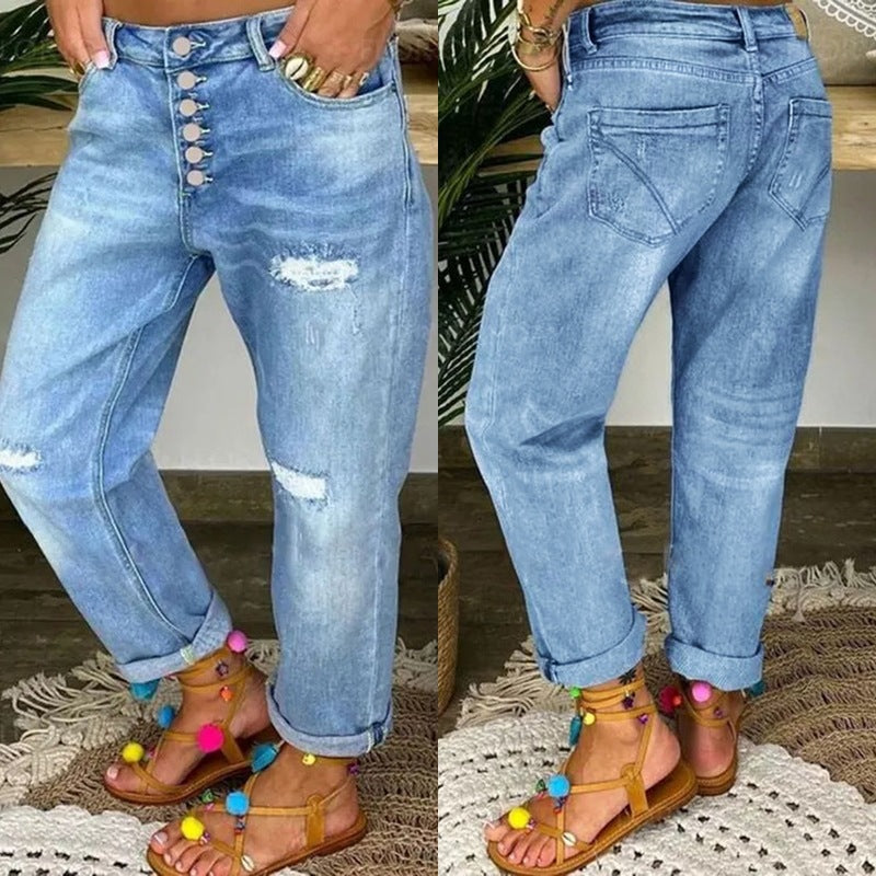 Women's Boyfriend Jeans with Button Fly and Distressed Details