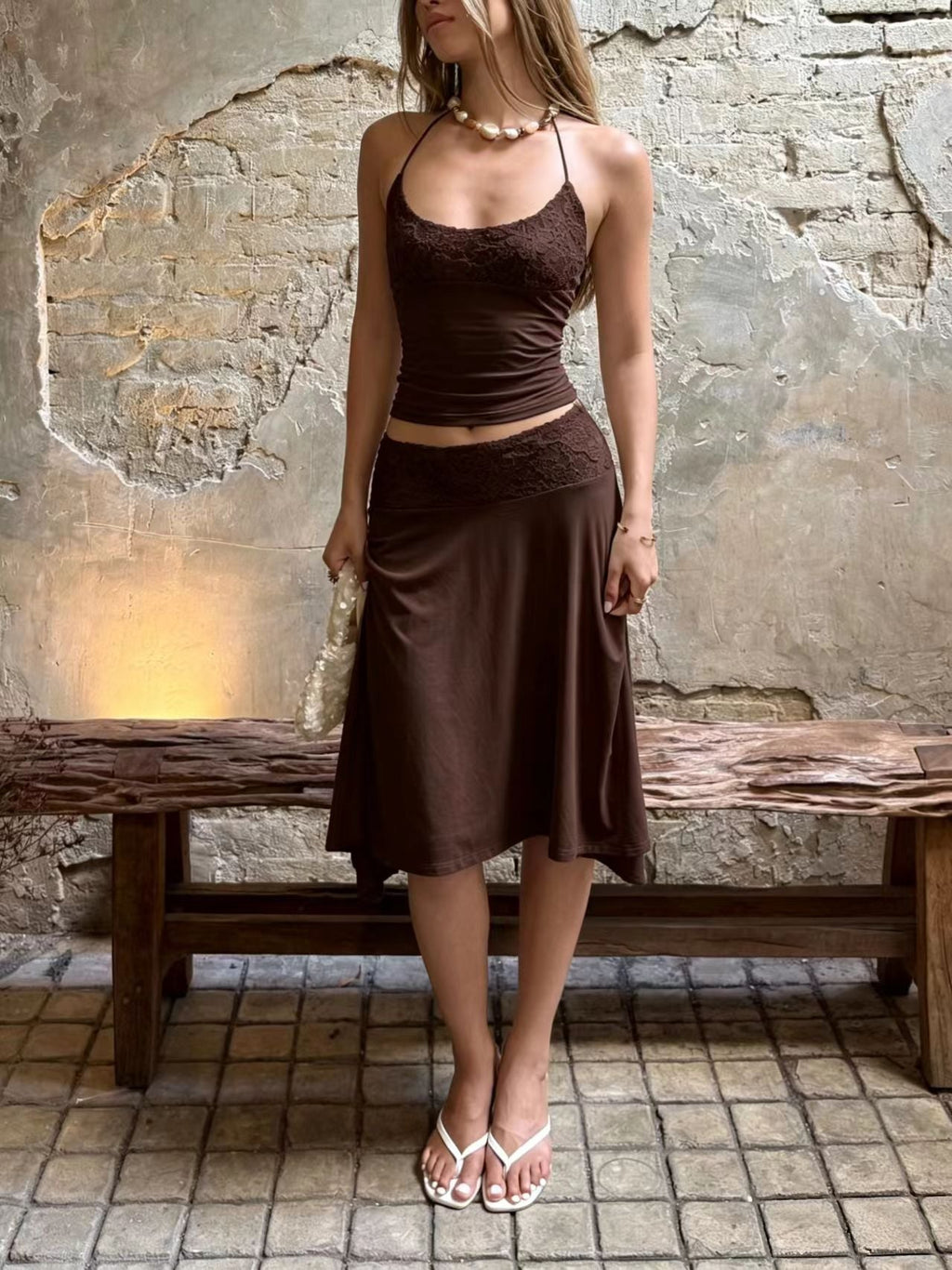Women's Sleeveless Top with Lace Trim and Flowing Skirt