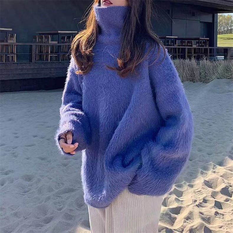 Women's Fluffy Sweater with Loose Fit and High Collar