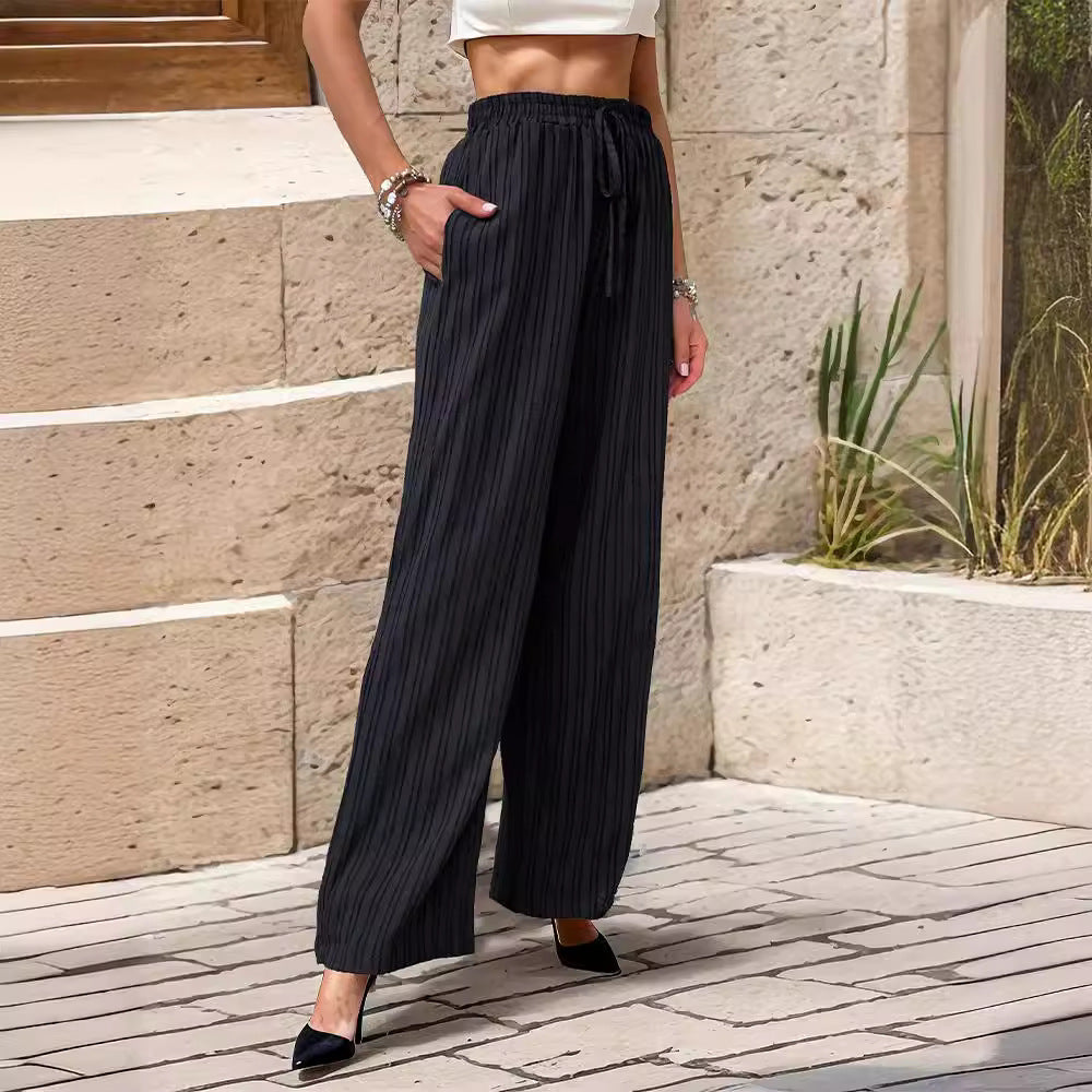Women's Elegant Casual Trousers with Striped Design and Elastic Waist