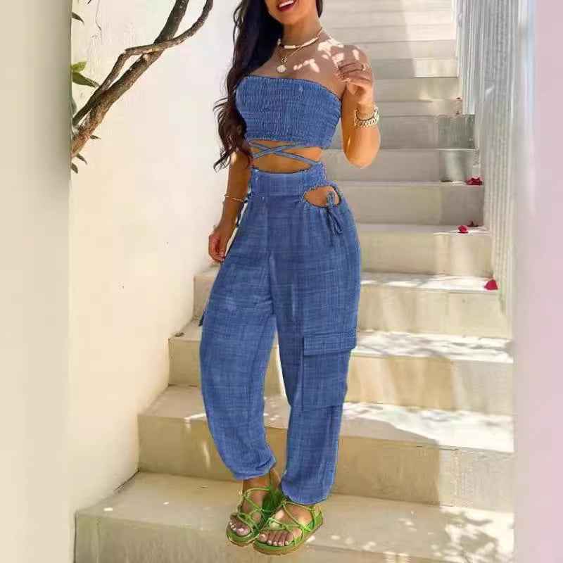 Women's Fashionable Two-Piece Set with Crop Top and Cargo Pants