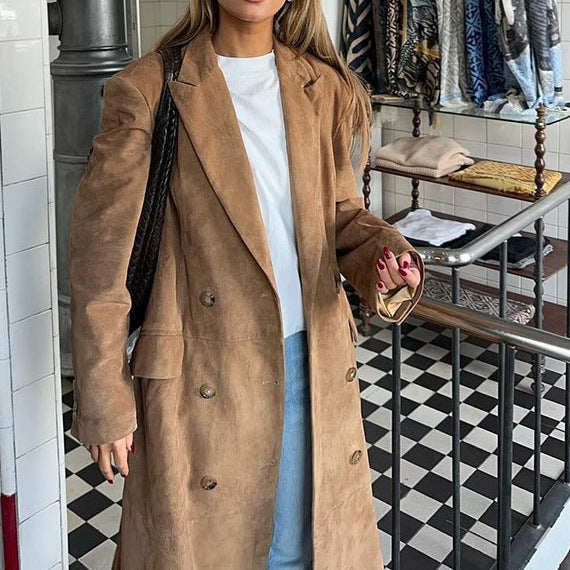 Women's Elegant Double-Breasted Suede Trench Coat