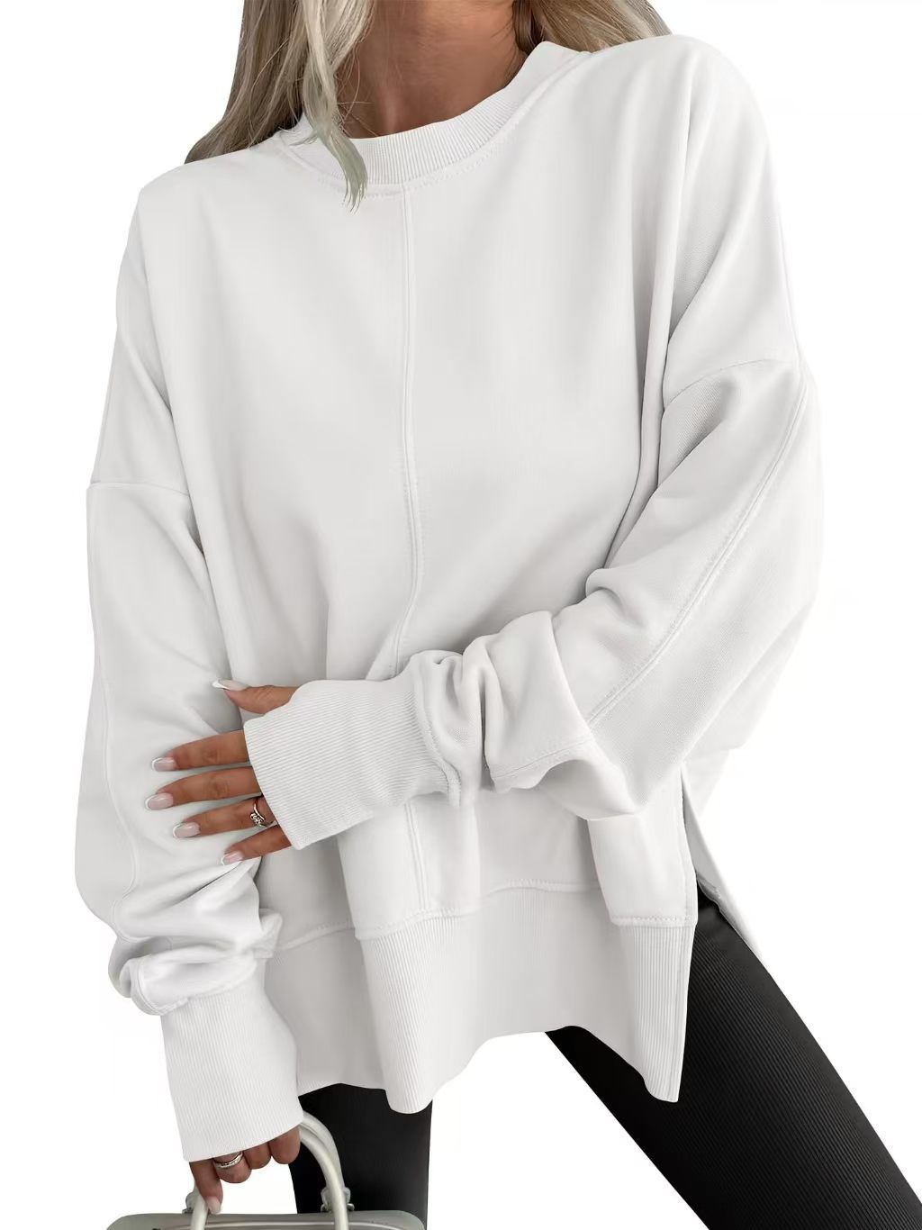 Women's Comfortable Long-Sleeve Sweater with Side Slits