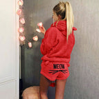 Women's Cozy Two-Piece Lounge Set with Hoodie and MEOW Embroidery Shorts