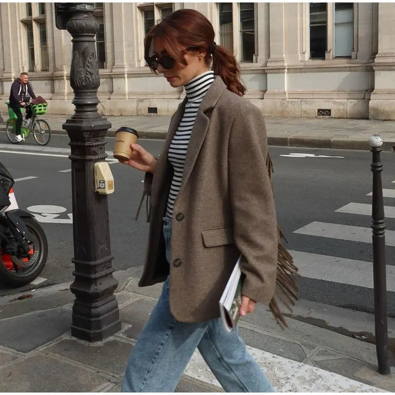 Elegant Blazer with Fringe Details and Two Pockets