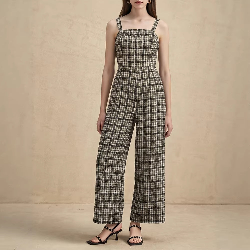 Women's Wide-Leg Jumpsuit with Fine Plaid Pattern