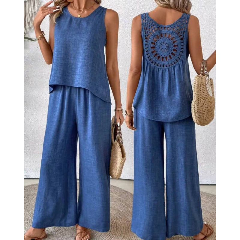 Women's Fashionable Two-Piece Set with Wide-Leg Pants and Sleeveless Top