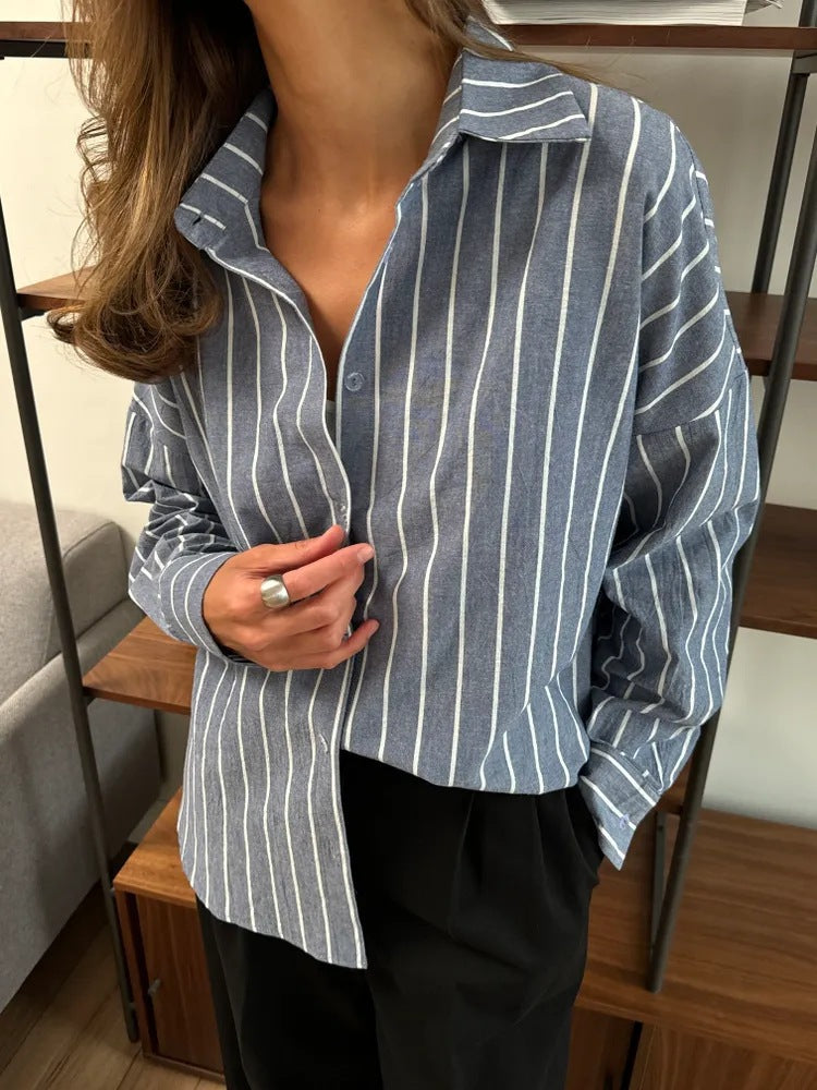 Women's Casual Blouse with Fine Stripes and Generous Cut