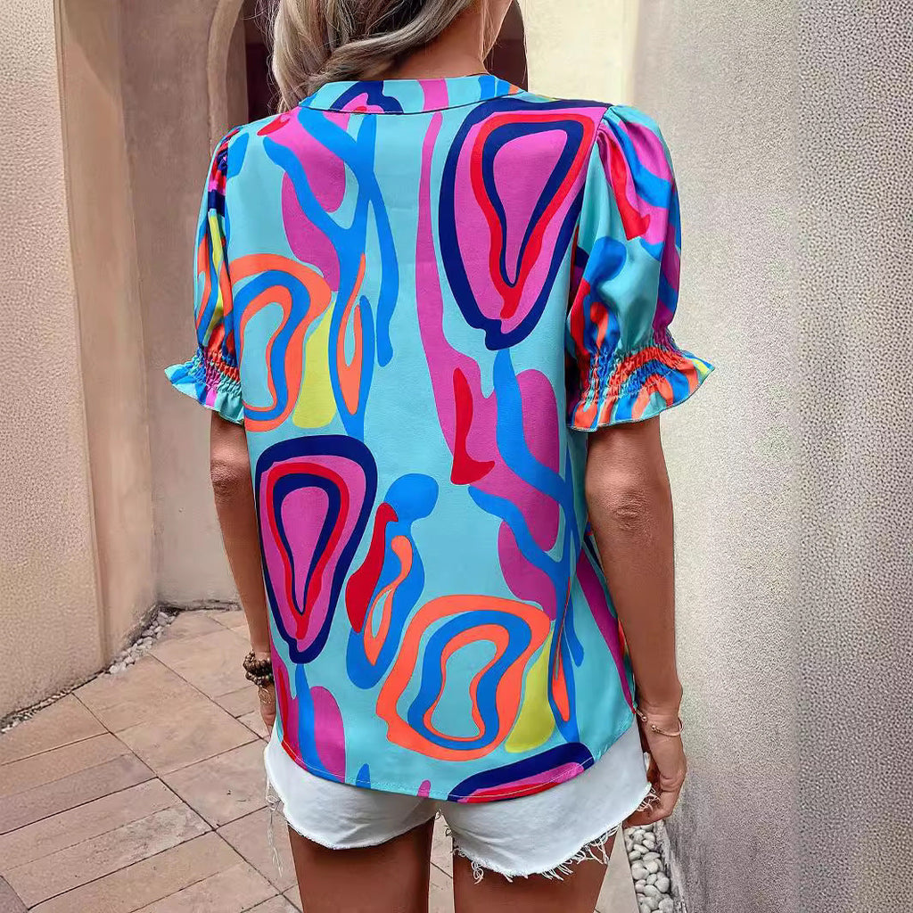 Women's Blouse with Puff Sleeves and Graphic Design