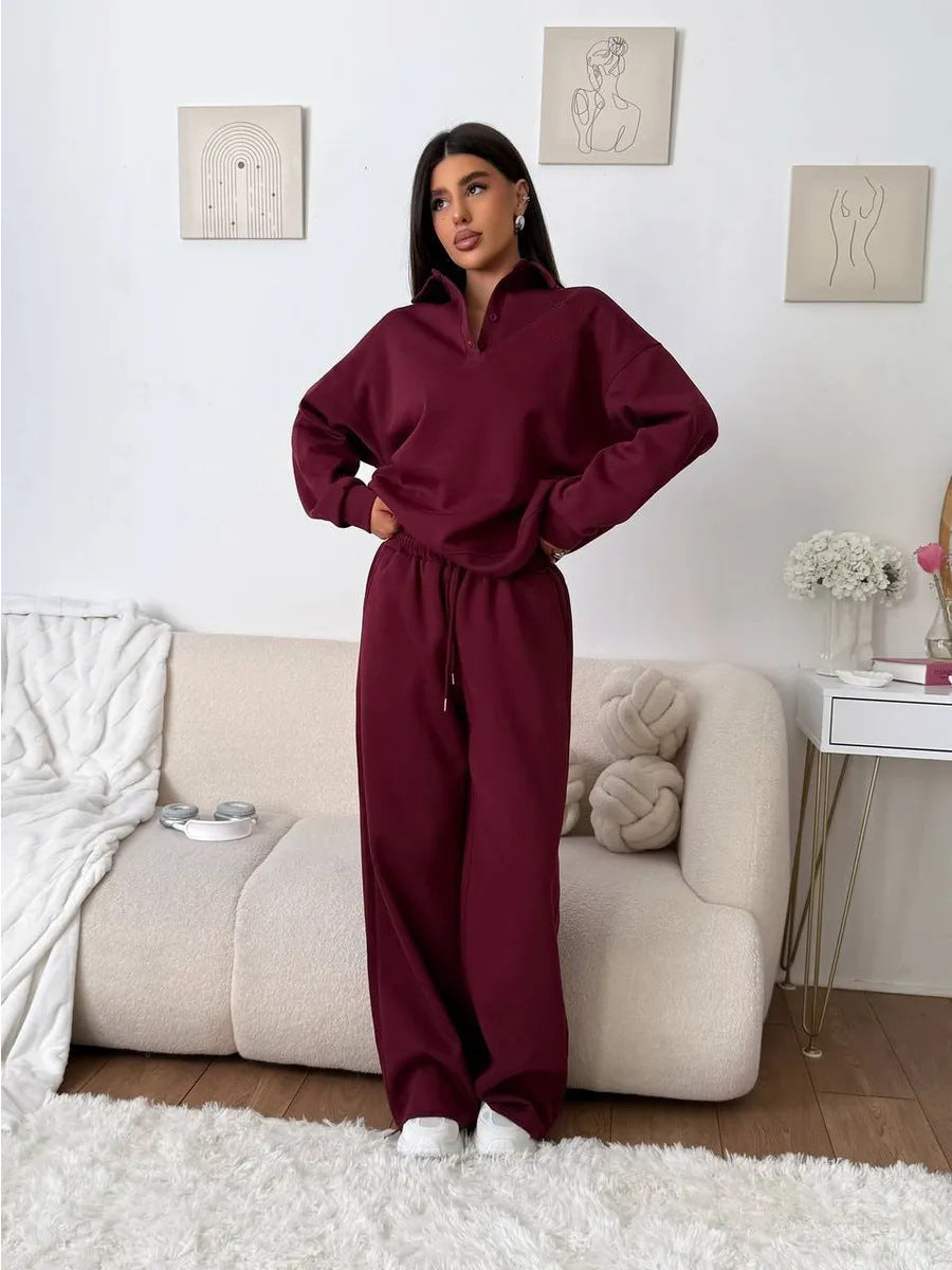 Women's wide Polo lounge set with elastic drawstring waistband and wide-leg jogging pants