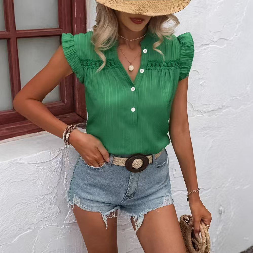 Women's Blouse with Ruffle Details and Short Sleeves