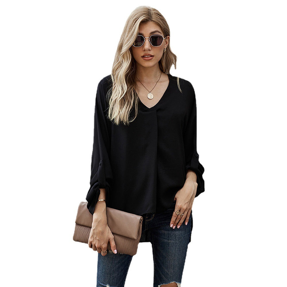 Women's Blouse with V-Neck and Casual Long Sleeves