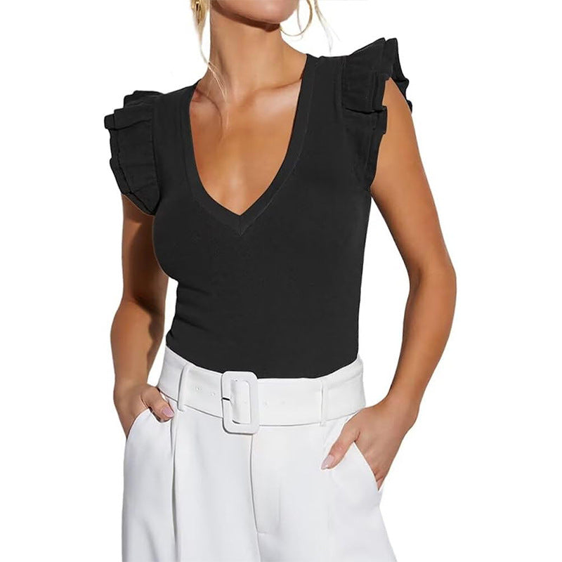 Sleeveless Top with Ruffles and V-Neck