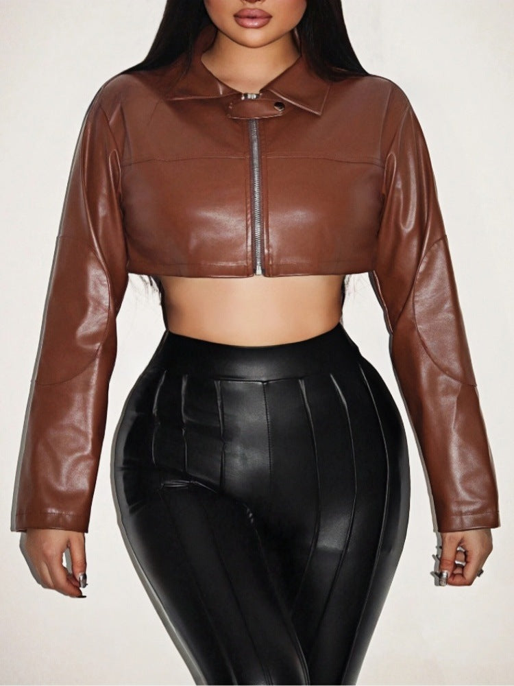 Women's Cropped Faux Leather Jacket with Innovative Zipper